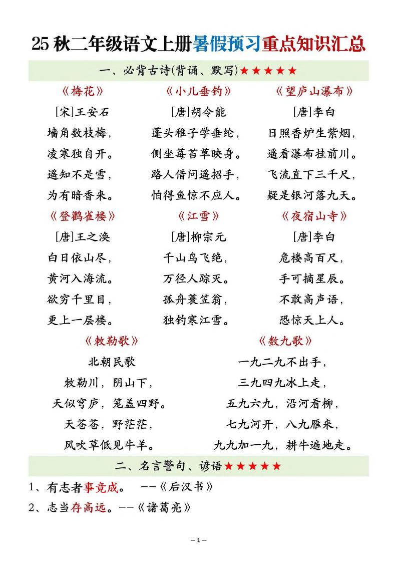 25秋二上语文暑假预习重点知识汇总20页