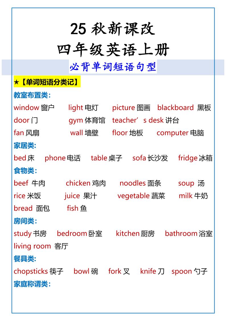 【2025秋新版】四年级英语上册必背单词短语句型