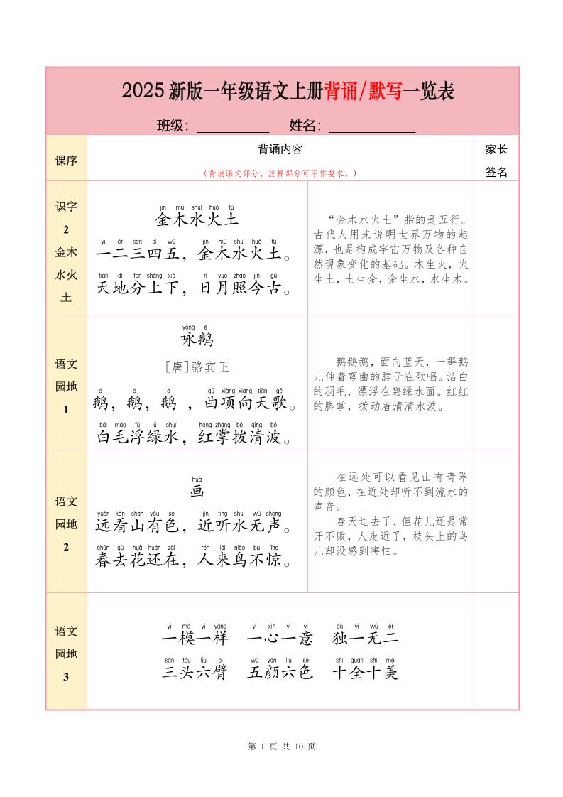 一上语文【25秋-必背内容+默写表】