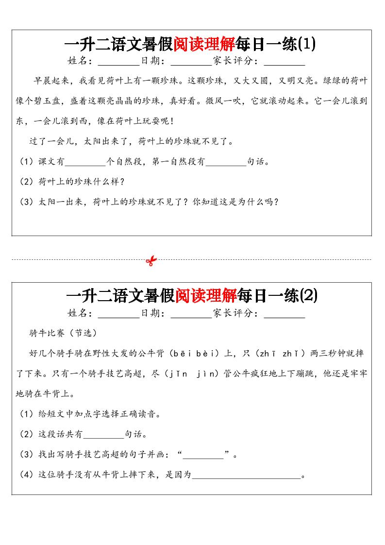 一升二语文暑假阅读理解每日一练32天（16页）-二上语文