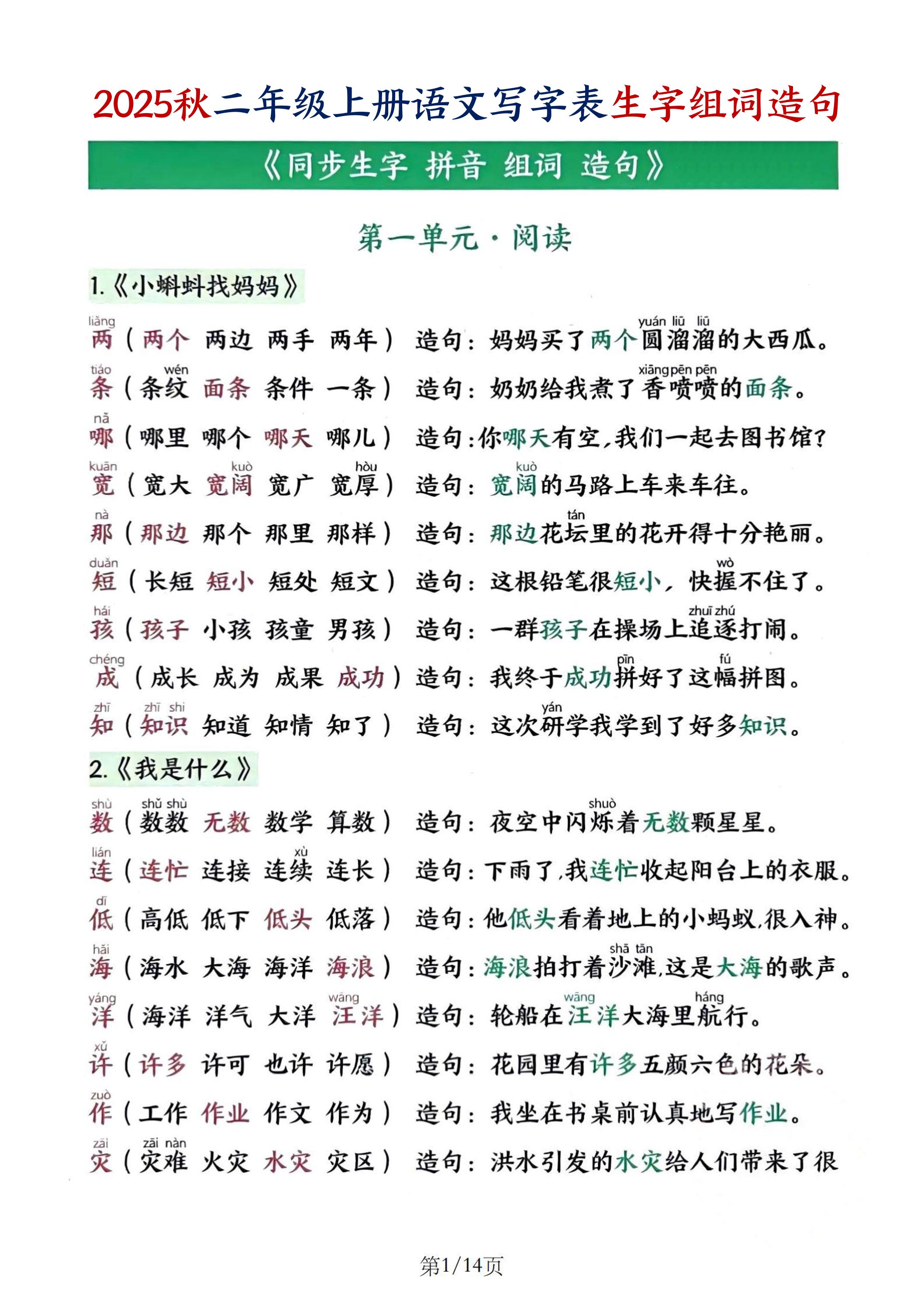 25秋二上语文写字表生字组词造句（14页）
