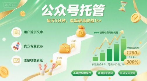【公众号托管 】我提供文章，你发布，每天5分钟，单篇最高收益1k+【揭秘】