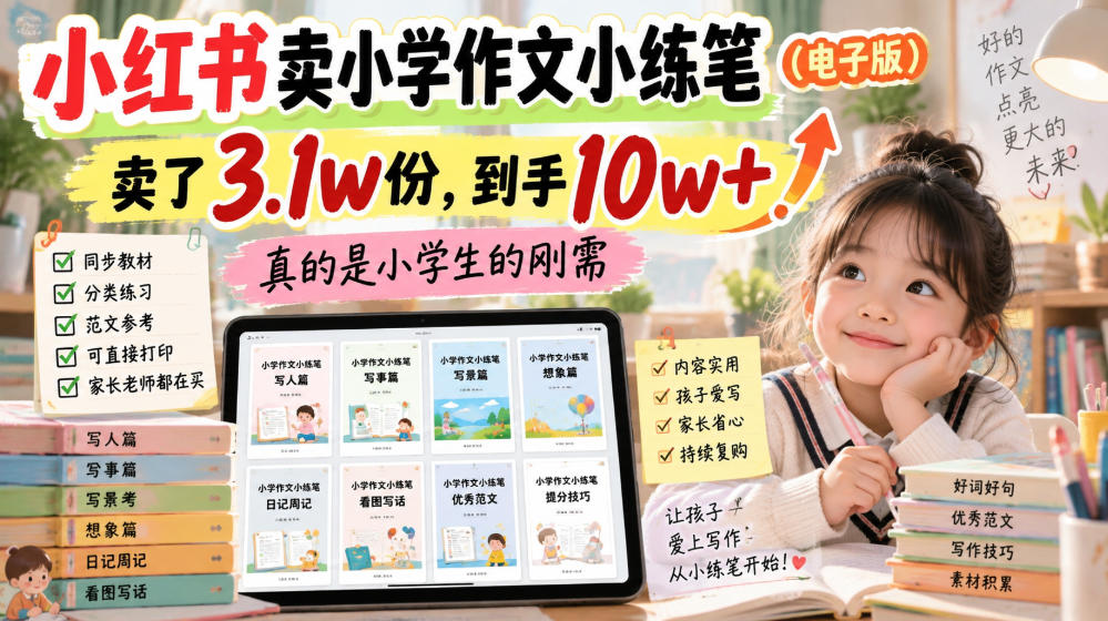 小红书卖小学作文小练笔(电子版)，卖了3.1w份，到手10w+，真的是小学生的刚需